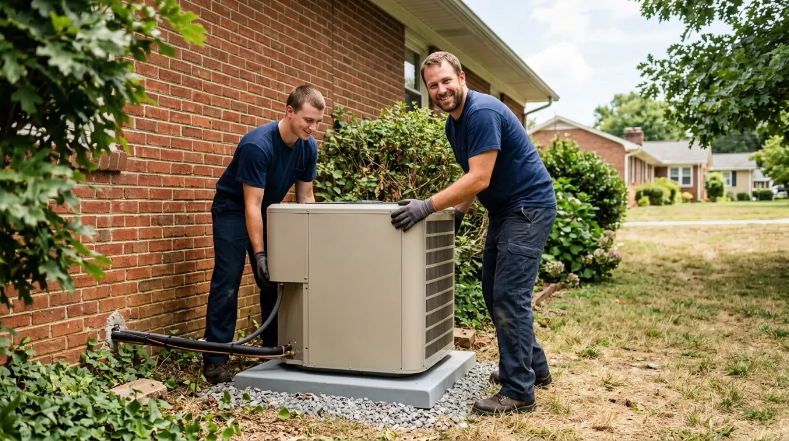 Two technicians setting a new outdoor condenser on a concrete pad beside a brick ranch home