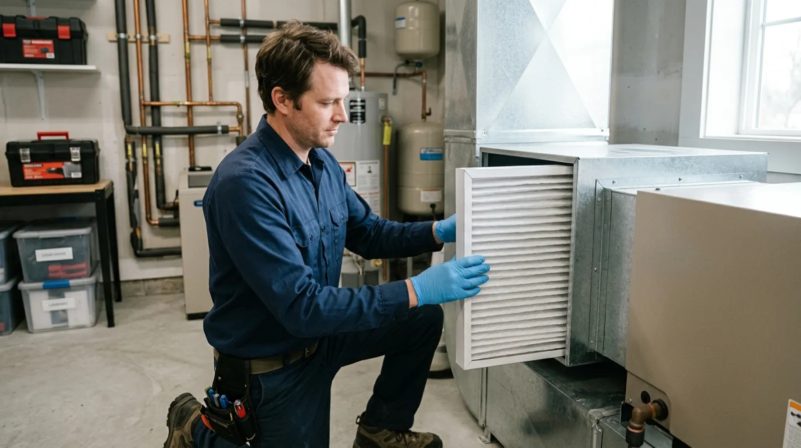 A technician installing a whole-home media air filtration cabinet on a residential air handler
