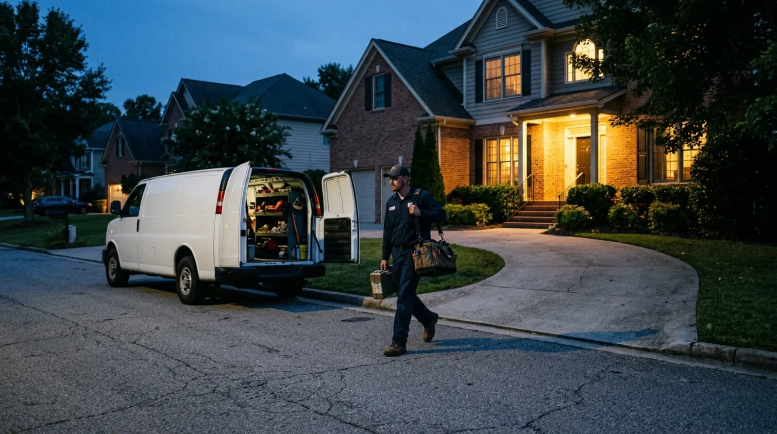 A technician arriving at a lit suburban home at dusk with a tool bag and open service van
