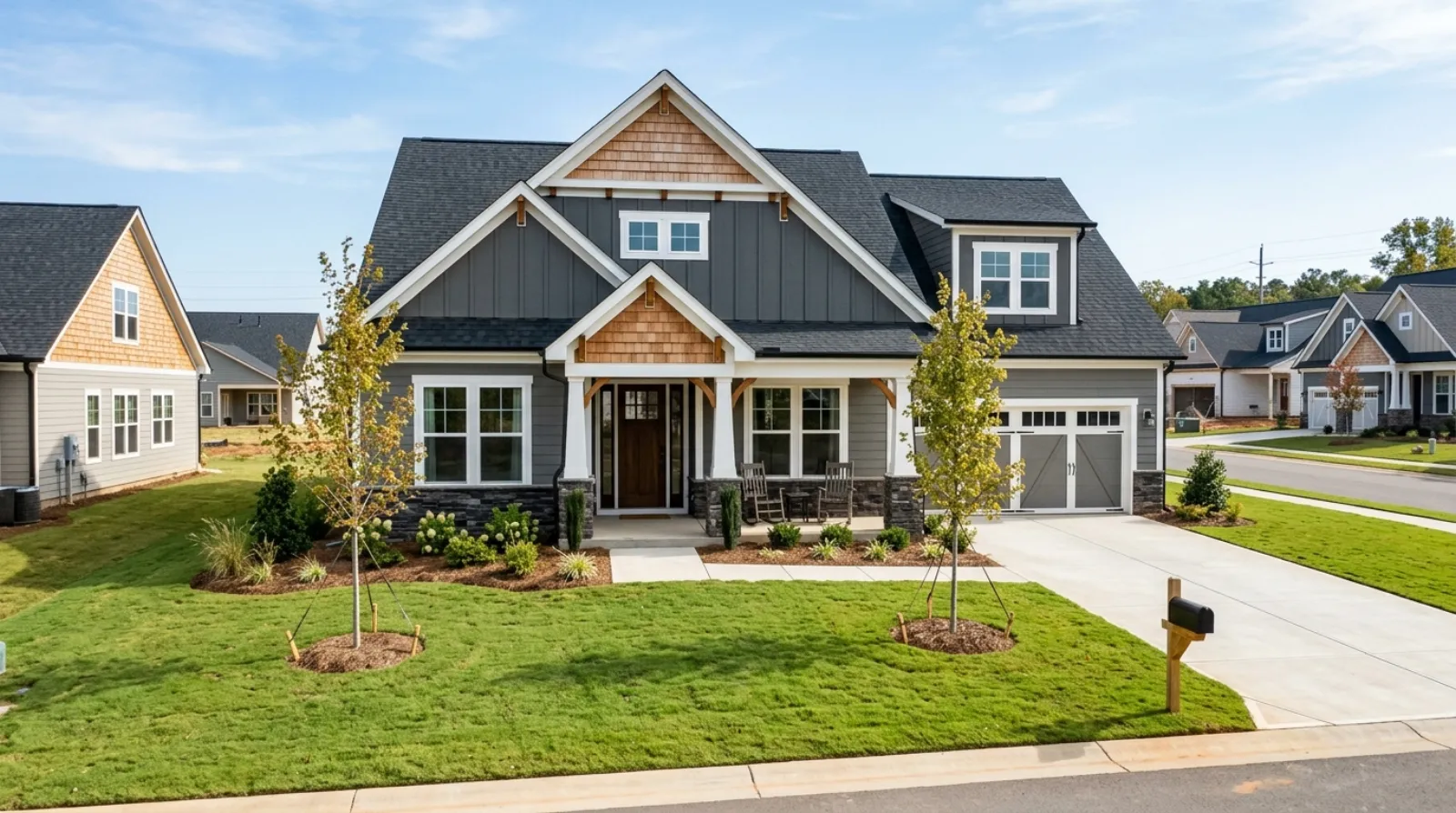 A new-construction craftsman-style home with fresh sod in a Fort Mill, South Carolina subdivision