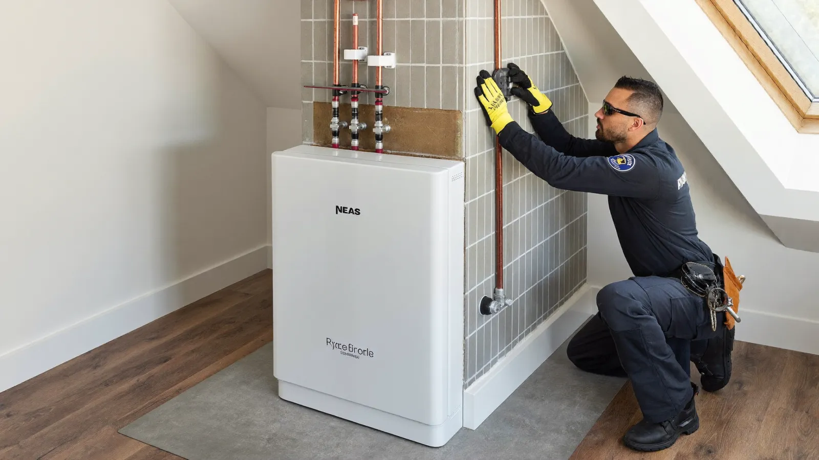 A newly installed high-efficiency furnace and air handler in a clean residential mechanical space