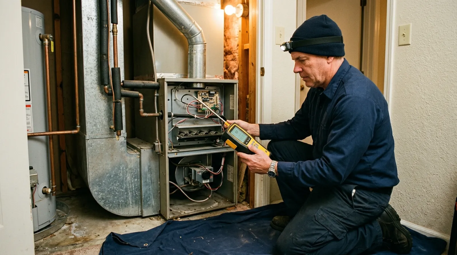 A technician testing an open gas furnace with a combustion analyzer inside a home utility closet