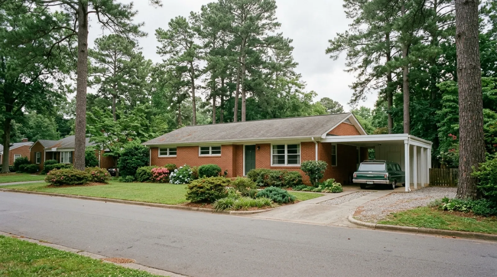 A single-storey 1960s brick ranch home with a carport on a quiet Pineville street